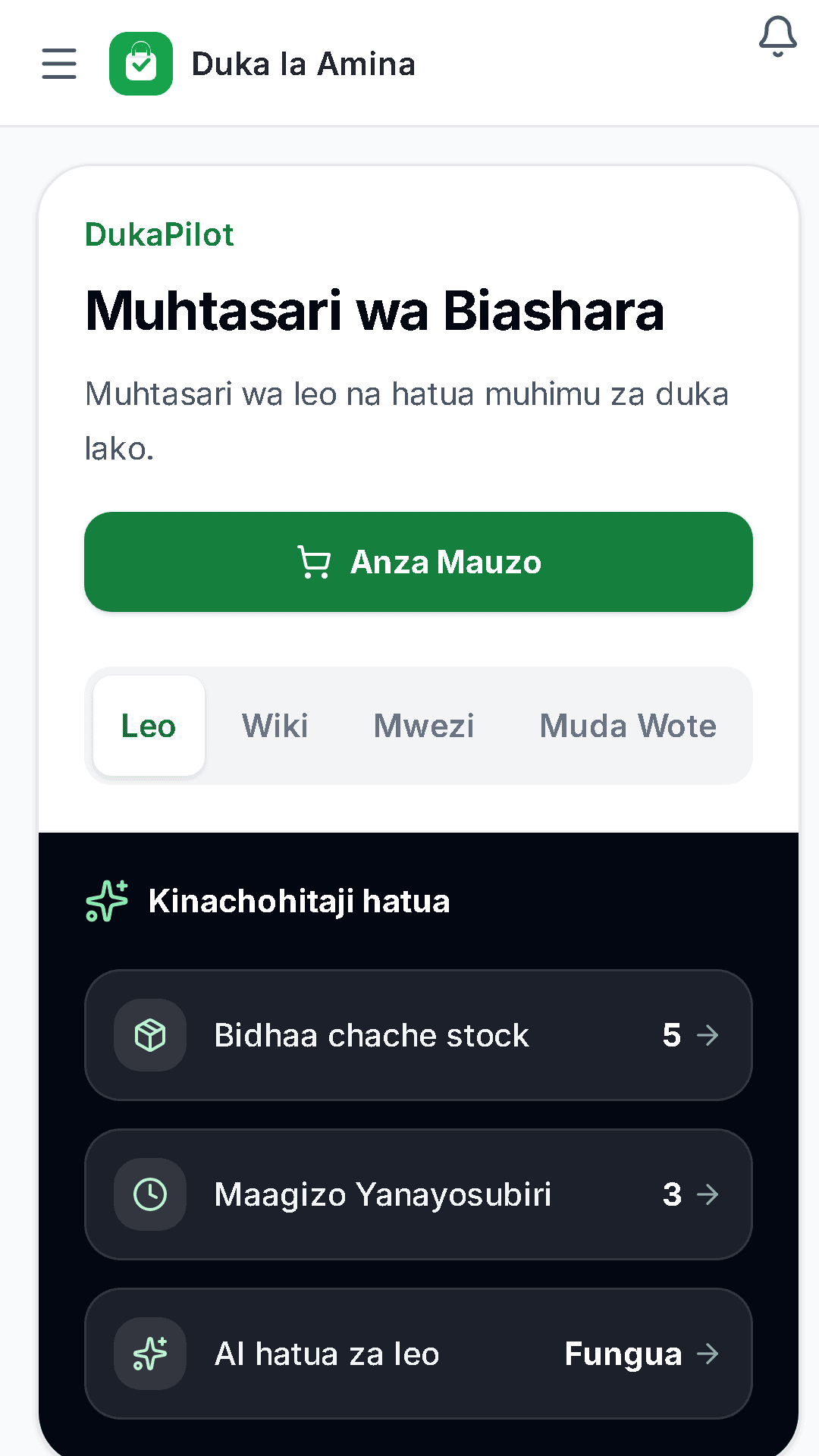 Screenshot ya dashboard ya DukaPilot
